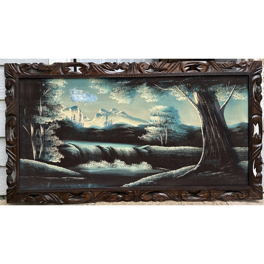 Vtg Mountain Landscape Black Velvet Painting 50x 27.5 Carved Wooden Frame Signed